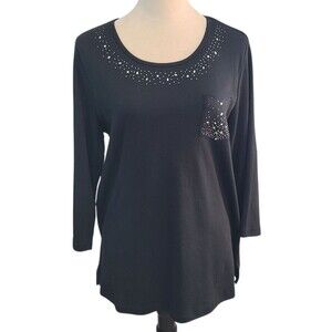 Quacker Factory Women L Black Studded 3/4 Sleeve Pocket Top Sparkle Jewel Casual